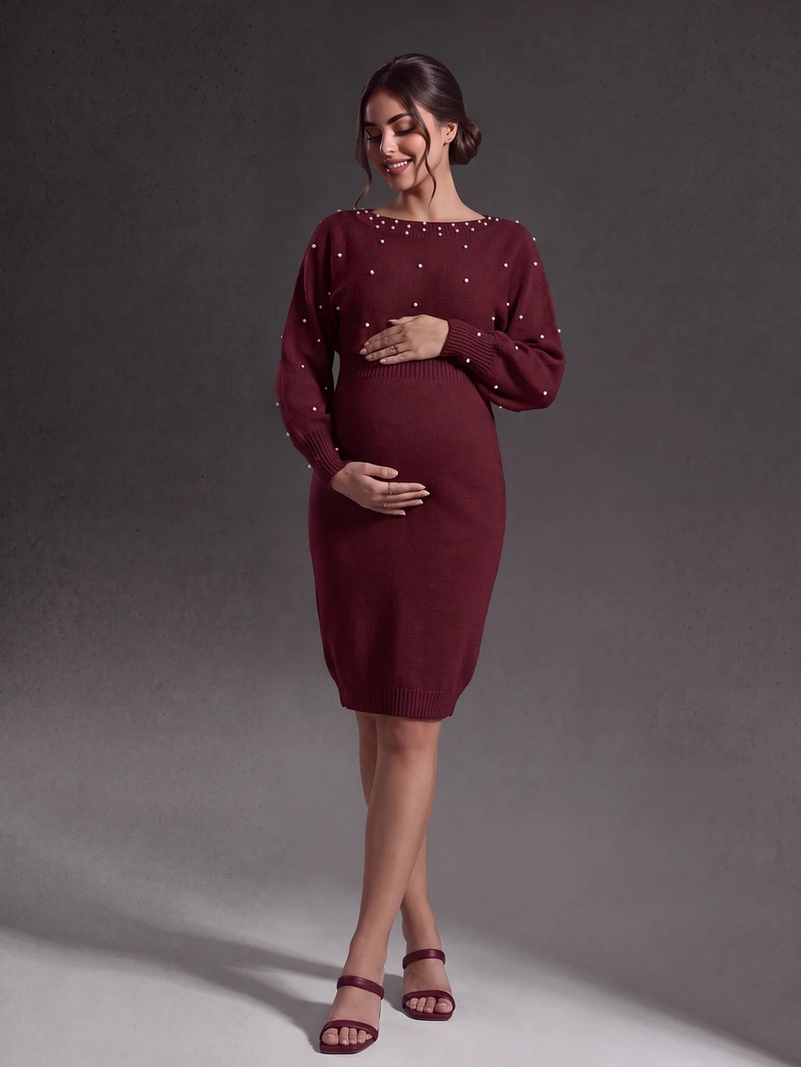 Cheriluna Maternity 优雅串珠装饰针织孕妇连衣裙,秋冬款 - 酒紅色 - 查看 1