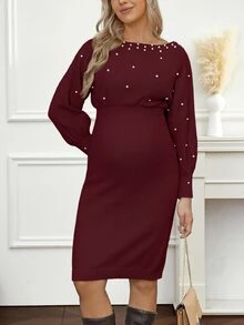 Cheriluna Maternity 优雅串珠装饰针织孕妇连衣裙，秋冬款 - 酒紅色 - 查看 5