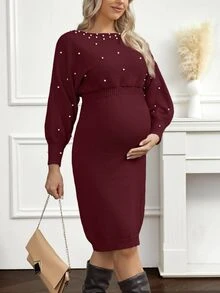 Cheriluna Maternity 优雅串珠装饰针织孕妇连衣裙，秋冬款 - 酒紅色 - 查看 2