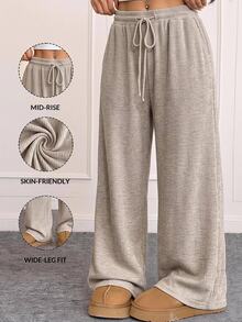 Comfortcana Plus Size Casual Home Style Elastic Ribbed Comfortable Soft Long Pants Fall - Khaki - View 2