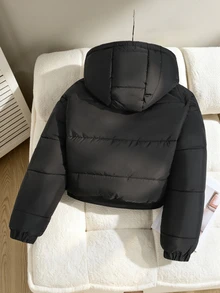 SHEIN 女童厚實保暖內裡黑色連帽夾克，腰部拉鍊設計，純色時尚街頭風，適合戶外活動與日常穿著，長袖冬季外套，酷 Y2K 風格，百搭日常經典，冬季 - 黑色 - 查看 2