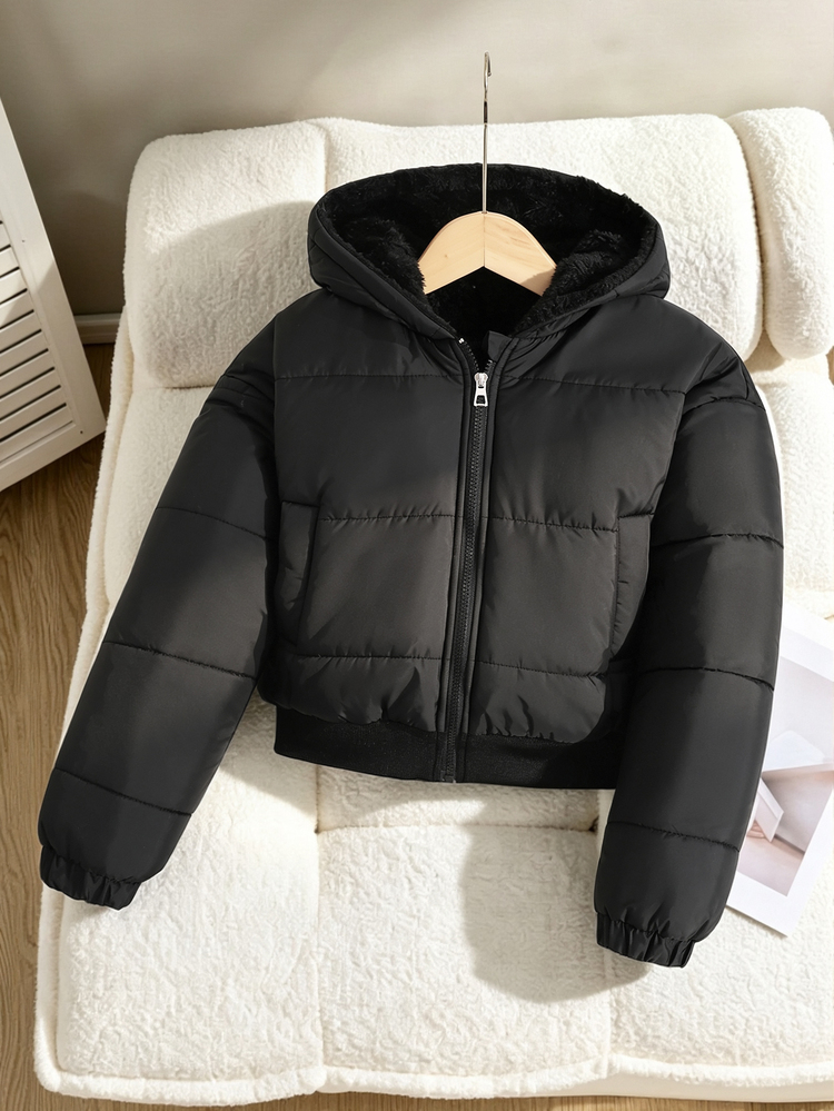 SHEIN Girls' Thick Thermal Lined Black Hooded Jacket With Waist Zipper, Solid Color, Fashion Street Style, Suitable For Outdoor Activities And Daily Wear, Long Sleeve Winter Coat, Cool Y2K Style, Versatile Daily Classic, Winter - Black - View 4