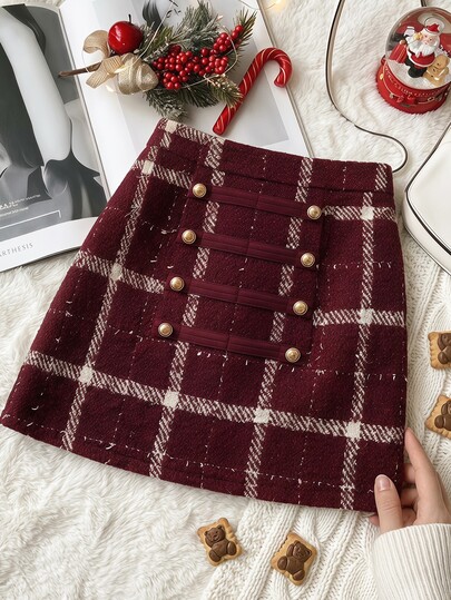 Muvela Damers vintage vinröd rutig tweed minikjol med guldknappar, remkant, dekorativ dubbelknäppning, Napoleonstil, fransk chic, julparty, höst och vinter
