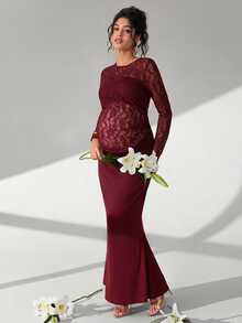 Cheriluna Maternity Solid Color Lace Long Sleeve Long Maternity Ruched Mermaid Hem Photo Shoot Dress - Redwood - View 6