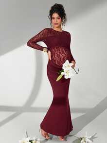 Cheriluna Maternity Solid Color Lace Long Sleeve Long Maternity Ruched Mermaid Hem Photo Shoot Dress - Redwood - View 7