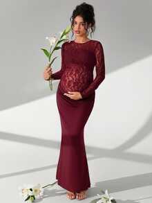 Cheriluna Maternity Solid Color Lace Long Sleeve Long Maternity Ruched Mermaid Hem Photo Shoot Dress - Redwood - View 4
