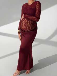 Cheriluna Maternity Solid Color Lace Long Sleeve Long Maternity Ruched Mermaid Hem Photo Shoot Dress - Redwood - View 5