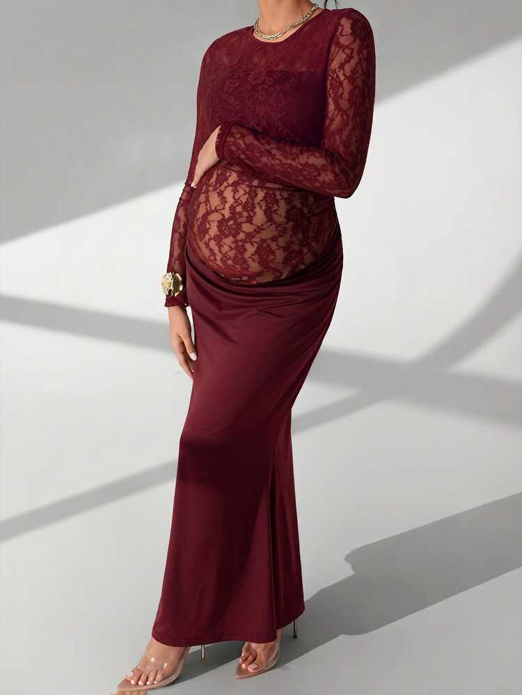 Cheriluna Maternity Solid Color Lace Long Sleeve Long Maternity Ruched Mermaid Hem Photo Shoot Dress - Redwood - View 5