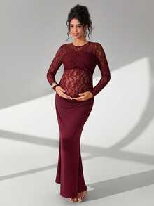 Cheriluna Maternity Solid Color Lace Long Sleeve Long Maternity Ruched Mermaid Hem Photo Shoot Dress - Redwood - View 8