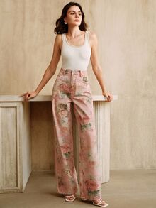 Anewsta Women's New Fashionable Printed Pink Straight Leg Jeans - Pink - View 6