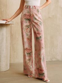 Anewsta Women's New Fashionable Printed Pink Straight Leg Jeans - Pink - View 7