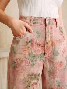 Anewsta Women's New Fashionable Printed Pink Straight Leg Jeans - Pink - View 3