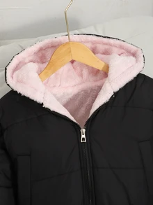 SHEIN Elladie kids 青少年女孩時尚街頭風可愛休閒短款連帽填充外套，保暖內裡，寬鬆版型，舒適，適合秋冬，黑色 - 黑色 - 查看 7