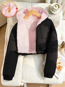 SHEIN Elladie kids 青少年女孩時尚街頭風可愛休閒短款連帽填充外套，保暖內裡，寬鬆版型，舒適，適合秋冬，黑色 - 黑色 - 查看 5