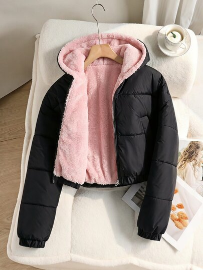 SHEIN Genç Kızlar İçin Moda Sokak Stili Sevimli Günlük Kısa Kapüşonlu Dolgulu Mont, Termal Astarlı, Bol Kesim, Rahat, Sonbahar/Kış Siyah