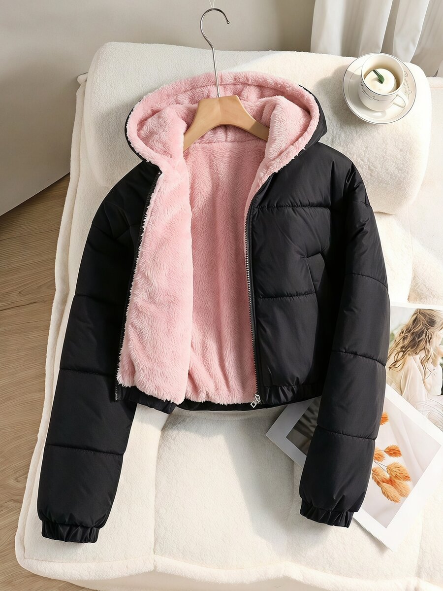 SHEIN Elladie kids 青少年女孩時尚街頭風可愛休閒短款連帽填充外套，保暖內裡，寬鬆版型，舒適，適合秋冬，黑色