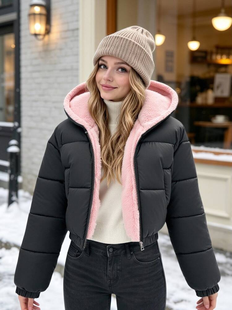 SHEIN Elladie kids Teen Girls Fashion Streetwear Cute Casual Short Hooded Padded Coat With Thermal Lining, Loose Fit, Comfortable, Suitable For Autumn/Winter Black - Black - View 3