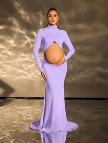 Cheriluna Maternity 純色鏤空腰部孕婦洋裝，適合拍照與派對穿著 - 紫色 - 查看 7