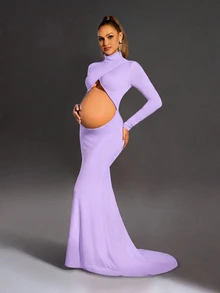 Cheriluna Maternity 純色鏤空腰部孕婦洋裝，適合拍照與派對穿著 - 紫色 - 查看 1