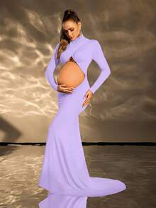 Cheriluna Maternity 純色鏤空腰部孕婦洋裝，適合拍照與派對穿著 - 紫色 - 查看 5