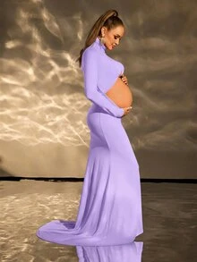 Cheriluna Maternity 純色鏤空腰部孕婦洋裝，適合拍照與派對穿著 - 紫色 - 查看 6