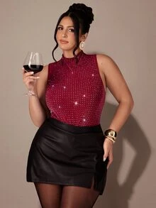 SHEIN BAE CURVE Bodysuit Tanpa Lengan Bergaya untuk Wanita Ukuran Plus, Warna Burgundy, dengan Hiasan Berlian Imitasi dan Kerah Tegak (Collage Collar) - Burgundy - View 7