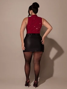 SHEIN BAE CURVE Bodysuit Tanpa Lengan Bergaya untuk Wanita Ukuran Plus, Warna Burgundy, dengan Hiasan Berlian Imitasi dan Kerah Tegak (Collage Collar) - Burgundy - View 4