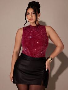 SHEIN BAE CURVE Bodysuit Tanpa Lengan Bergaya untuk Wanita Ukuran Plus, Warna Burgundy, dengan Hiasan Berlian Imitasi dan Kerah Tegak (Collage Collar) - Burgundy - View 5