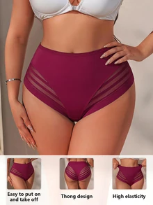SHEIN 大尺碼女款純色拼接網紗三角內褲 - 酒紅色 - 查看 3