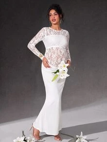 Cheriluna Maternity White Lace Patchwork Long Sleeve Long Dress With Pleated Fish Tail Skirt Maternity Photo Clothing - White - View 1