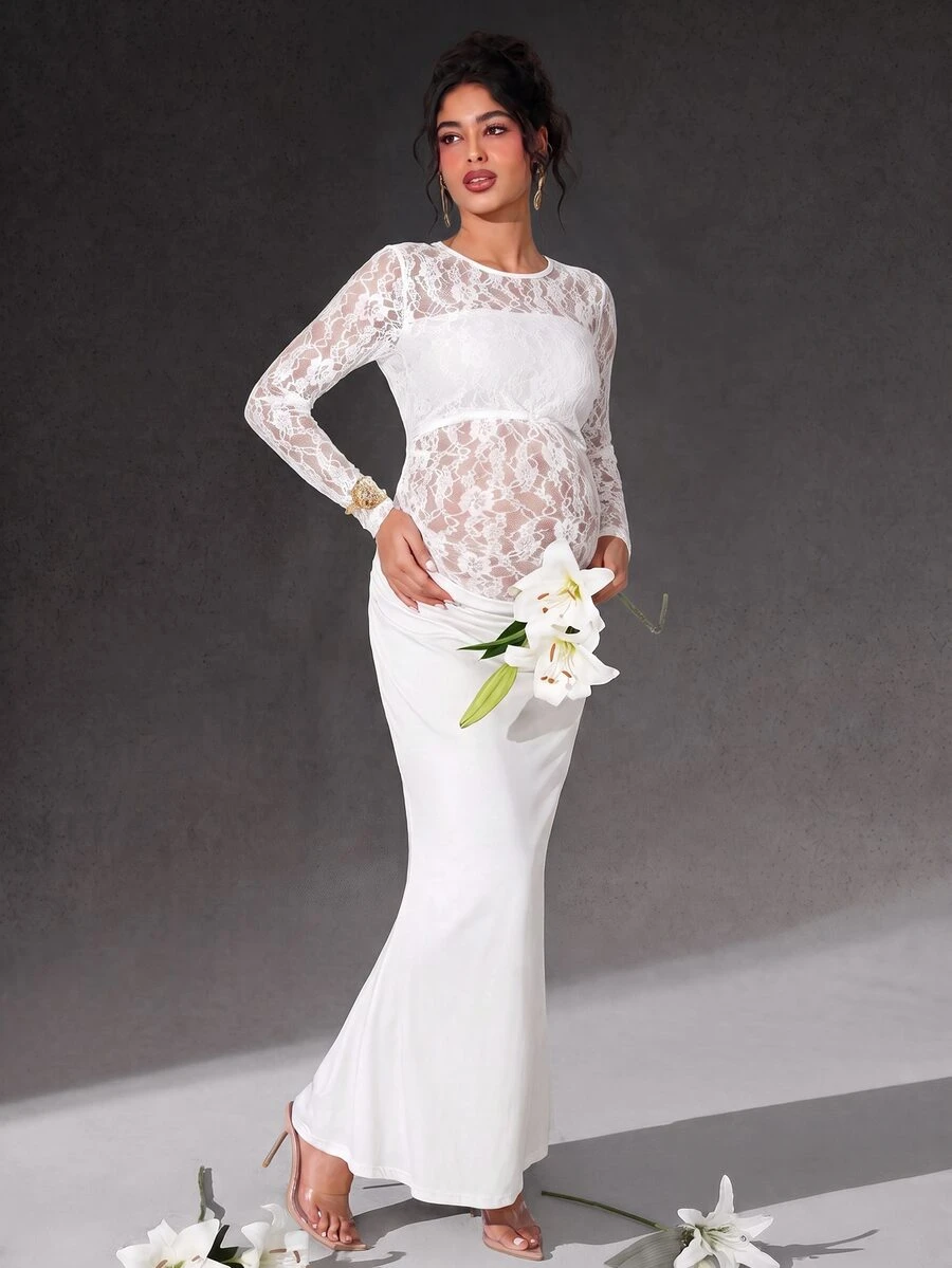 Cheriluna Maternity White Lace Patchwork Long Sleeve Long Dress With Pleated Fish Tail Skirt Maternity Photo Clothing - White - View 1