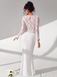 Cheriluna Maternity White Lace Patchwork Long Sleeve Long Dress With Pleated Fish Tail Skirt Maternity Photo Clothing - White - View 3