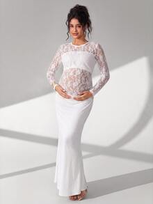 Cheriluna Maternity White Lace Patchwork Long Sleeve Long Dress With Pleated Fish Tail Skirt Maternity Photo Clothing - White - View 8