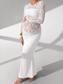 Cheriluna Maternity White Lace Patchwork Long Sleeve Long Dress With Pleated Fish Tail Skirt Maternity Photo Clothing - White - View 5