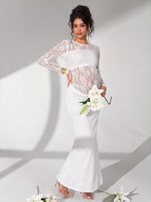 Cheriluna Maternity White Lace Patchwork Long Sleeve Long Dress With Pleated Fish Tail Skirt Maternity Photo Clothing - White - View 7