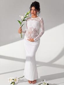 Cheriluna Maternity White Lace Patchwork Long Sleeve Long Dress With Pleated Fish Tail Skirt Maternity Photo Clothing - White - View 4