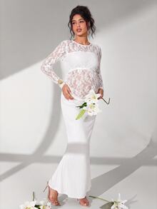 Cheriluna Maternity White Lace Patchwork Long Sleeve Long Dress With Pleated Fish Tail Skirt Maternity Photo Clothing - White - View 2