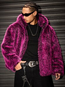 ROMWE MEN Men's Pink Hooded Zip-Up Hip Hop Style Fleece Jacket - Red - View 3