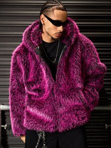 ROMWE MEN Men's Pink Hooded Zip-Up Hip Hop Style Fleece Jacket - Red - View 6
