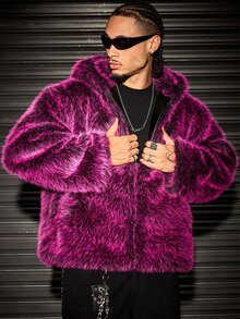 ROMWE MEN Men's Pink Hooded Zip-Up Hip Hop Style Fleece Jacket - Red - View 7