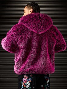 ROMWE MEN Men's Pink Hooded Zip-Up Hip Hop Style Fleece Jacket - Red - View 8