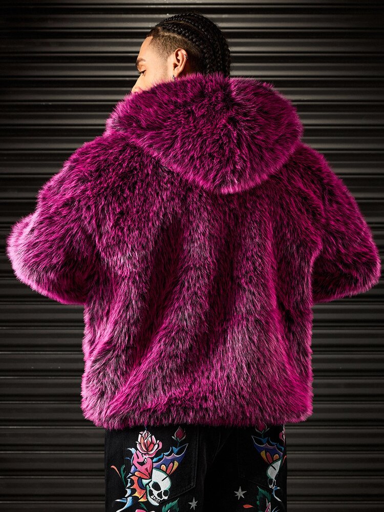 ROMWE MEN Jaket Fleece Pria Warna Pink dengan Tudung dan Resleting Gaya Hip Hop - Merah - View 8