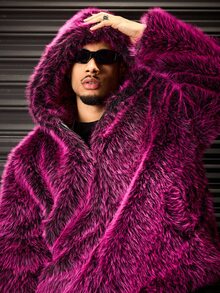 ROMWE MEN Men's Pink Hooded Zip-Up Hip Hop Style Fleece Jacket - Red - View 5