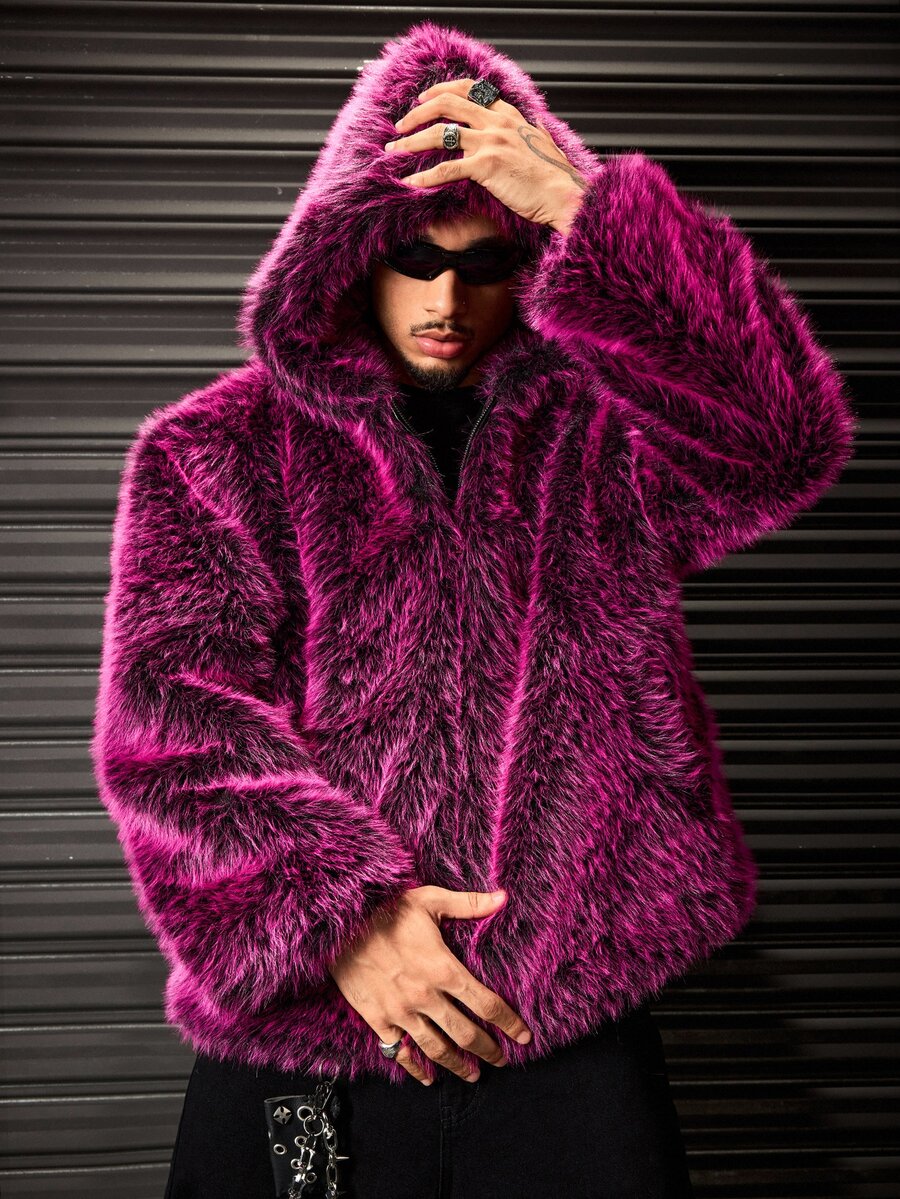 ROMWE MEN Men's Pink Hooded Zip-Up Hip Hop Style Fleece Jacket - Red - View 1