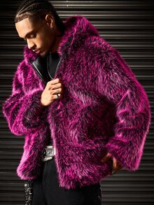 ROMWE MEN Men's Pink Hooded Zip-Up Hip Hop Style Fleece Jacket - Red - View 2