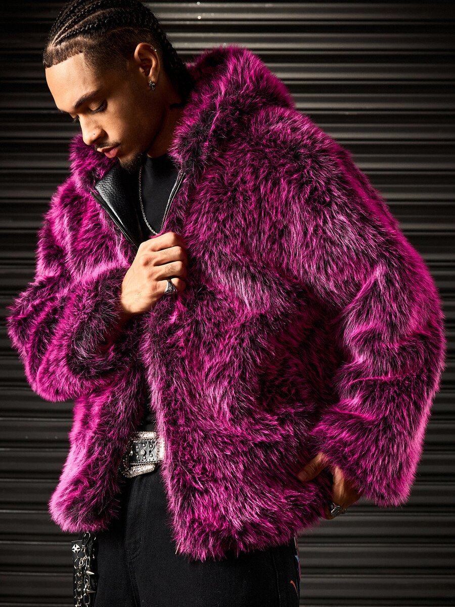 ROMWE MEN Men's Pink Hooded Zip-Up Hip Hop Style Fleece Jacket - Red - View 1