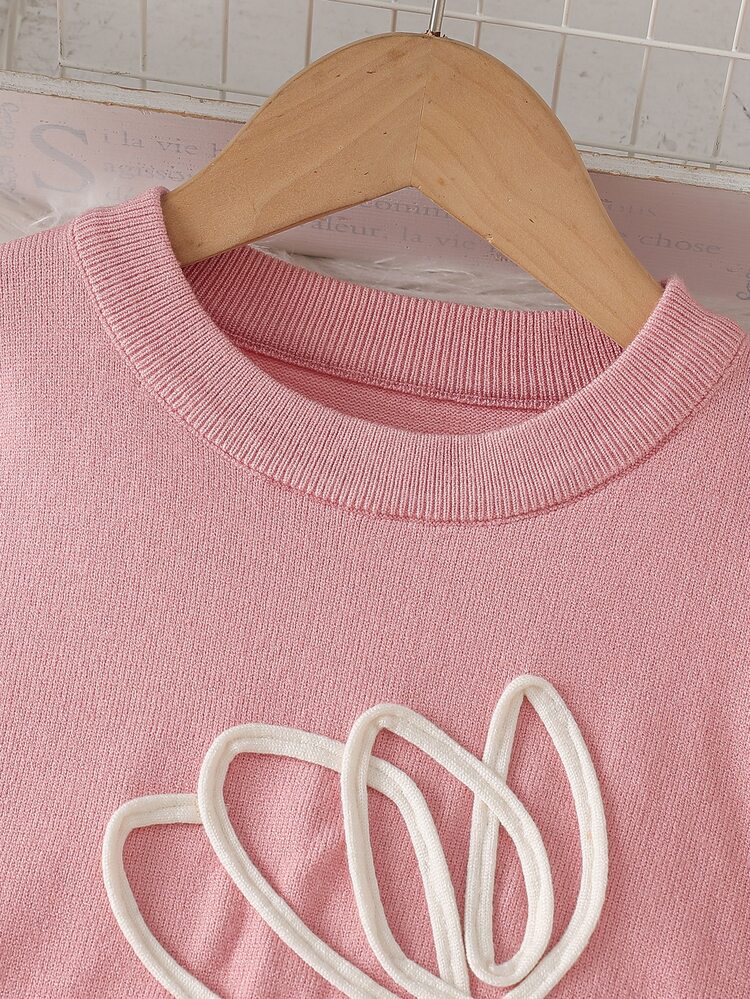 Tween Girls Sweater Co-Ords Light Pink Special Embroidery Crew Neck Pullover & Pleated Skirt Knit Sweater Set Soft Comfortable Suitable For Daily Wear, Outings, Travel And Vacation - Baby Pink - View 3