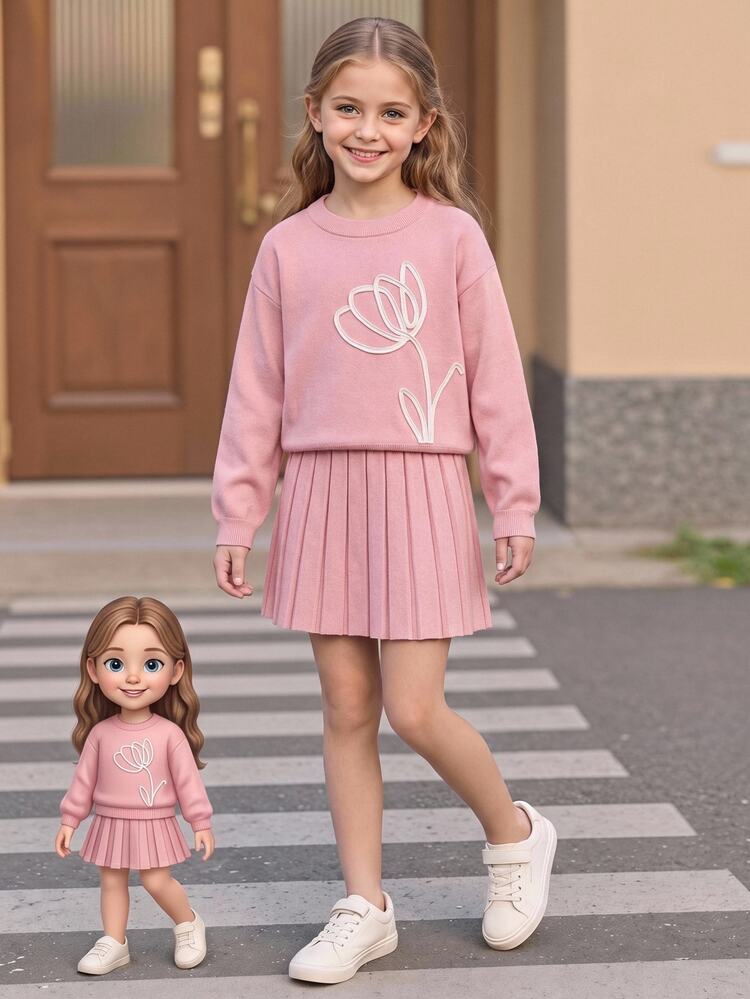 Tween Girls Sweater Co-Ords Light Pink Special Embroidery Crew Neck Pullover & Pleated Skirt Knit Sweater Set Soft Comfortable Suitable For Daily Wear, Outings, Travel And Vacation - Baby Pink - View 1