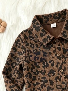 SHEIN 女童秋冬豹紋燈芯絨外套與純色細肩帶裙兩件套，適合日常穿著、校園場合與派對 - 棕色 - 查看 3