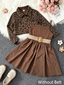SHEIN 女童秋冬豹紋燈芯絨外套與純色細肩帶裙兩件套，適合日常穿著、校園場合與派對 - 棕色 - 查看 4